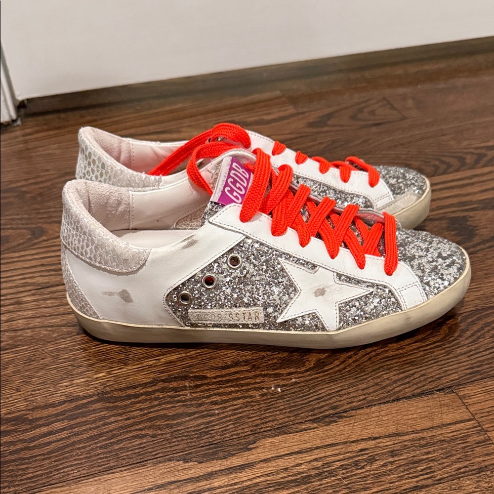 Golden Goose Silver Glitter Sneakers with Orange Laces
